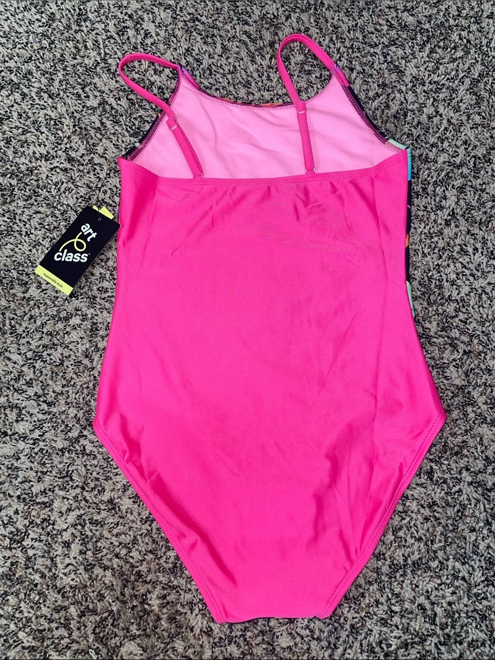 art class Neon Palm Print One-Piece Swimsuit - Black & Pink Girls 10/12 NWT
